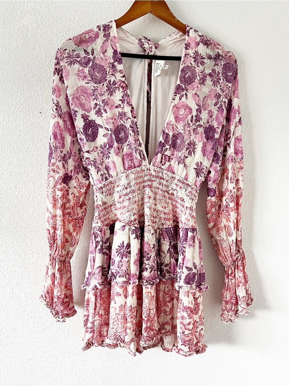 Hemant & Nandita Pastel Pink Ruffle Plunging Tie Back Romantic Boho Mini Dress - Picture 2 of 10